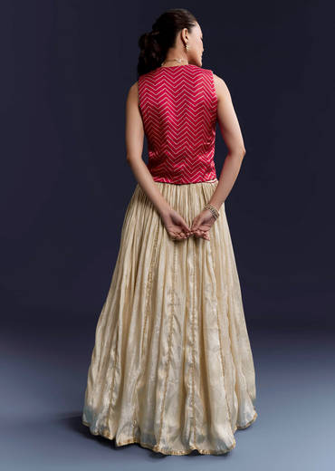 Pink Satin Festive Lehenga With Hand Dyed Chevron Print Jacket