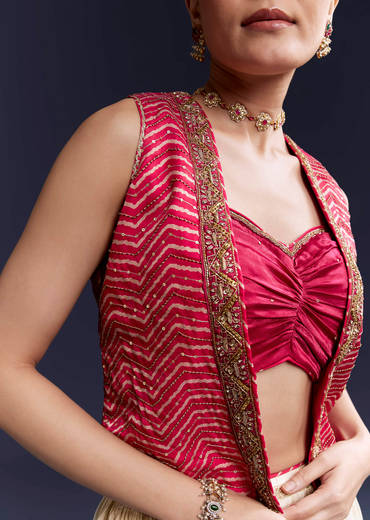 Pink Satin Festive Lehenga With Hand Dyed Chevron Print Jacket
