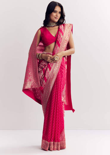 Pink Satin Saree With Zari Vine Design