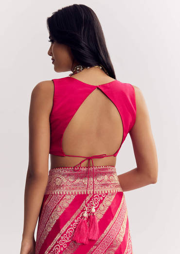 Pink Satin Saree With Zari Vine Design