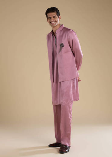 Pink Satin Silk Jacket and Kurta Set with Metal Work