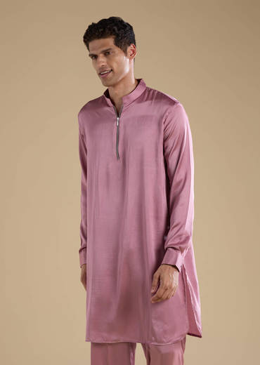 Pink Satin Silk Jacket and Kurta Set with Metal Work