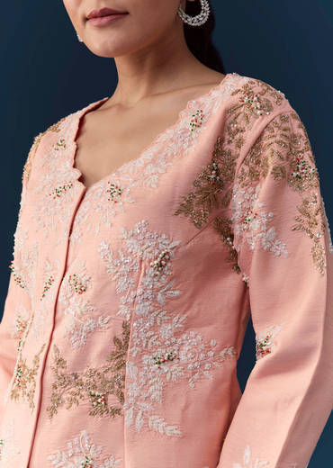 Pink Satin Silk Top Skirt Set with Moti Embellishments