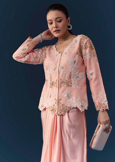 Pink Satin Silk Top Skirt Set with Moti Embellishments