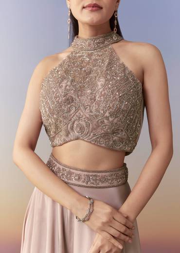 Pink Sequin Embellished Crop Top Palazzo Set
