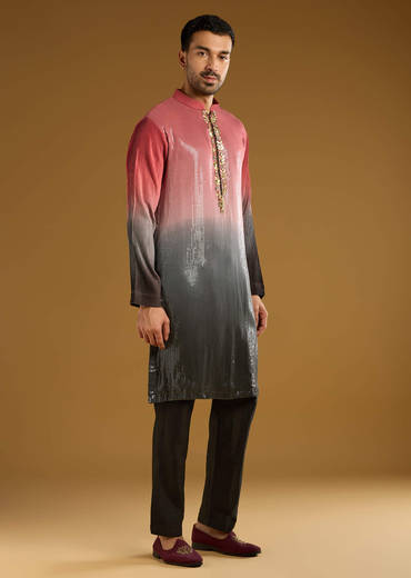 Pink Sequins Kurta Set For Men With Embellishments