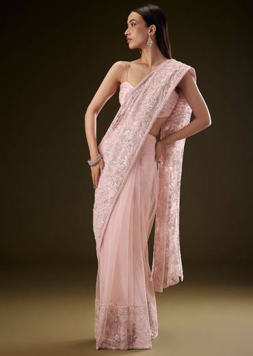 Pink Sequins Saree With Ruched Blouse