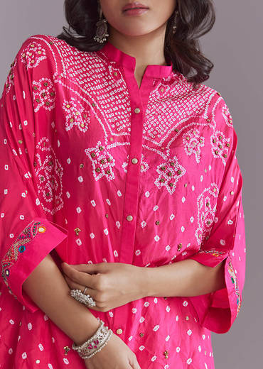 Pink Silk Co-Ord Set With Authentic Bandhani And Leheriya Print