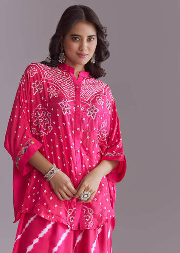 Pink Silk Co-Ord Set With Authentic Bandhani And Leheriya Print