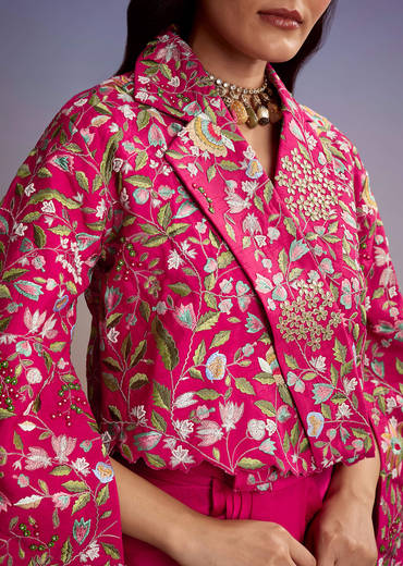 Pink Silk Crop Top And Drape Skirt With Resham Work