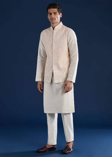 Pink Silk Jacket and Kurta Set with Dori Work