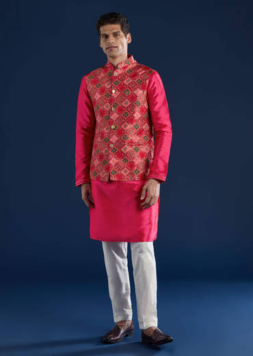Pink Silk Jacket and Kurta Set with Sequin Work