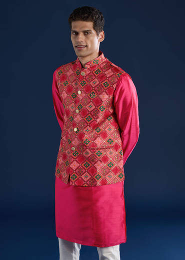 Pink Silk Jacket and Kurta Set with Sequin Work