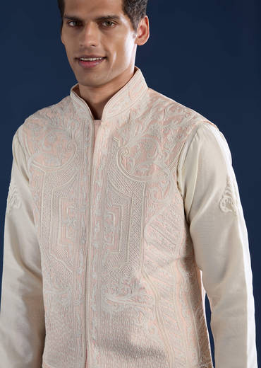 Pink Silk Jacket Kurta Set with Dori Work