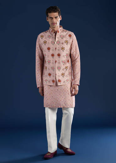 Pink Silk Jacket Kurta Set with Zari Embroidery