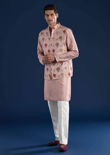 Pink Silk Jacket Kurta Set with Zari Embroidery