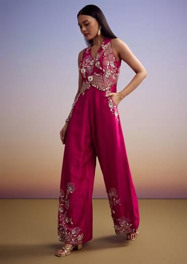 Pink Silk Jumpsuit With Embroidery And V Neckline
