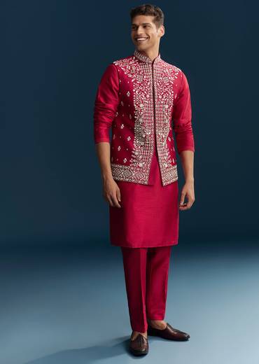 Pink Silk Kurta Jacket Set With Thread And Mirror Work