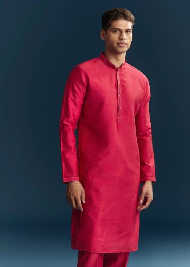 Pink Silk Kurta Jacket Set With Thread Detail Work