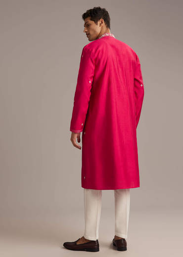 Pink Silk Kurta Set For Men With Mirror And Thread Work