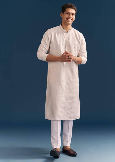 Pink Silk Kurta Set For Men With Mirror Embroidery