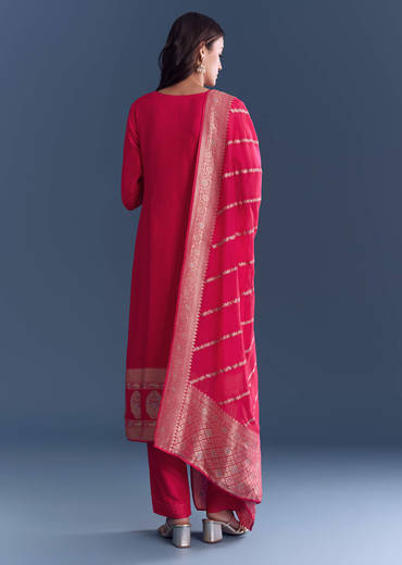 Pink Silk Kurta Set With Banarasi Weave