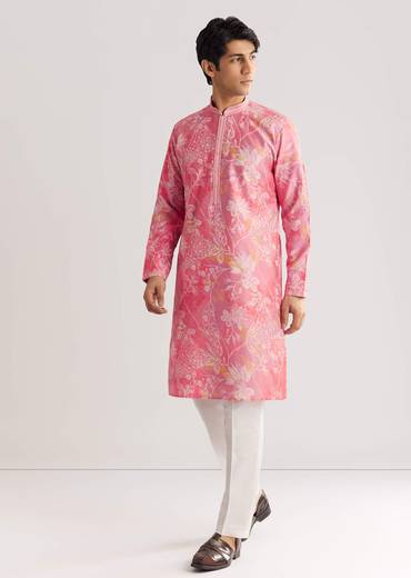 Pink Silk Kurta Set With Mandarin Collar