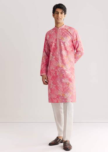 Pink Silk Kurta Set With Mandarin Collar