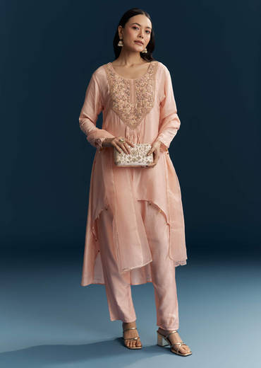 Pink Silk Kurta Set With Thread And Zari Work