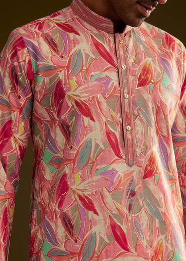 Pink Silk Leaf Printed Kurta Set