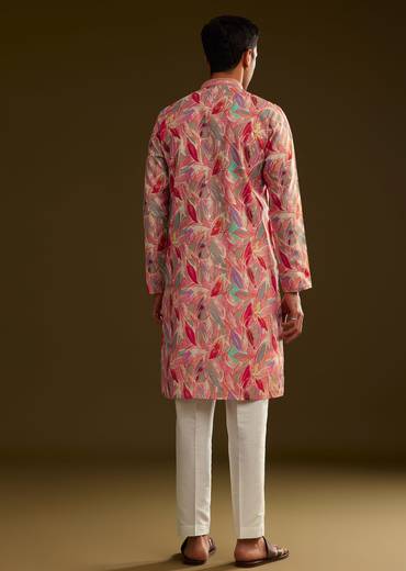 Pink Silk Leaf Printed Kurta Set