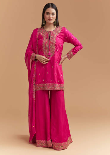 Pink Silk Palazzo Suit With Intricate Zari Work