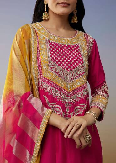Pink Silk Palazzo Suits with Moti Zardosi Work