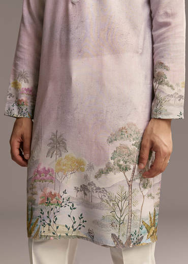 Pink Silk Kurta Set For Men With Scenic Print