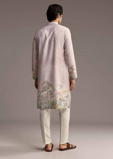 Pink Silk Kurta Set For Men With Scenic Print