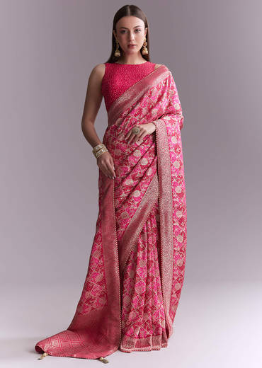 Pink Silk Woven Saree With Jaal Work And Floral Motifs