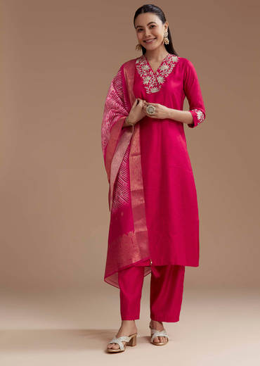 Pink Straight Silk Kurta Set with Zari Work