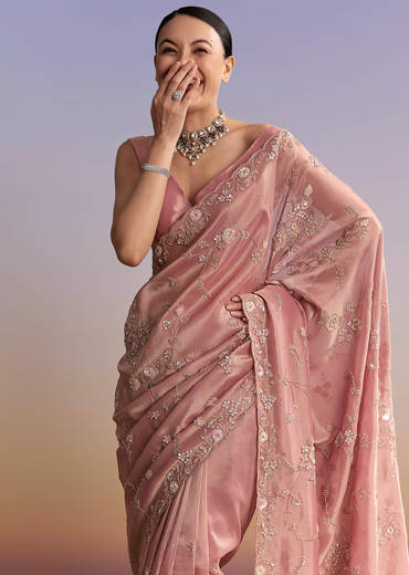 Pink Tissue Embroidered Saree With Cutdana And Jaal Work