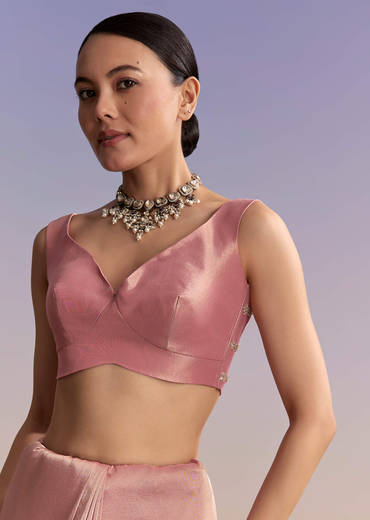 Pink Tissue Embroidered Saree With Cutdana And Jaal Work