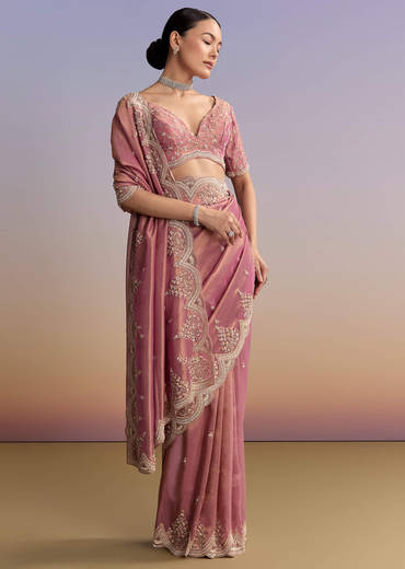 Pink Tissue Embroidered Saree With Sequin And Stone Work