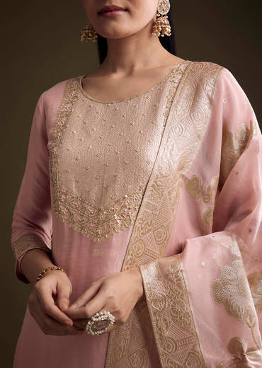 Pink Tissue Kurta Set With Zardosi Work And Banarasi Weave