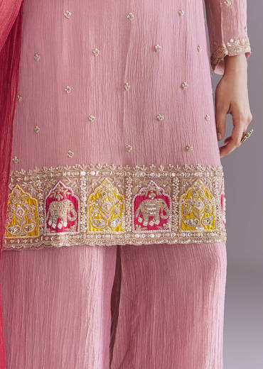 Pink Tissue Palazzo Suit With Embroidery And Contrast Dupatta