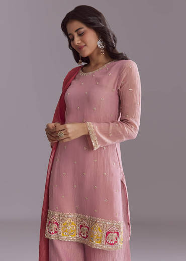 Pink Tissue Palazzo Suit With Embroidery And Contrast Dupatta