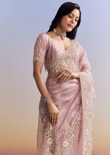 Pink Tissue Saree Adorned With Scallop Border And Heavy Embroidery