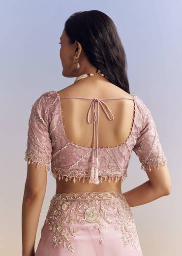 Pink Tissue Saree Adorned With Scallop Border And Heavy Embroidery