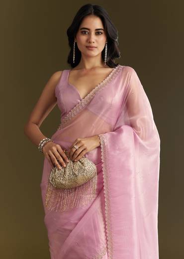 Pink Tissue Saree With All Over Stone Embellishment And Cutdana Scallop Border