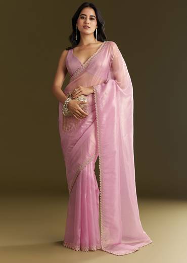 Pink Tissue Saree With All Over Stone Embellishment And Cutdana Scallop Border