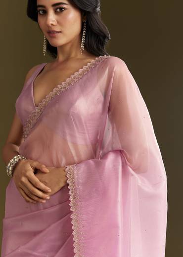 Pink Tissue Saree With All Over Stone Embellishment And Cutdana Scallop Border