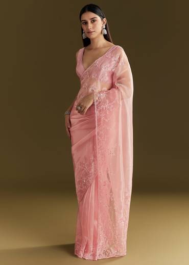 Pink Tissue Saree With Heavy Cutdana And Beads Embroidery