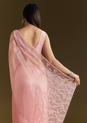 Pink Tissue Saree With Heavy Cutdana And Beads Embroidery